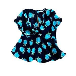 Zara Black Floral Daisy Peplum Blouse Top Womens Small